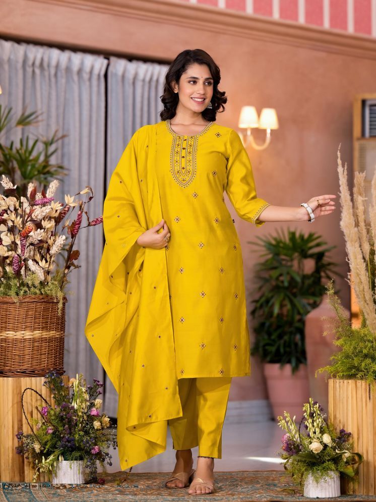     			Juniper Viscose Embroidered Kurti With Pants Women's Stitched Salwar Suit - Yellow ( Pack of 1 )