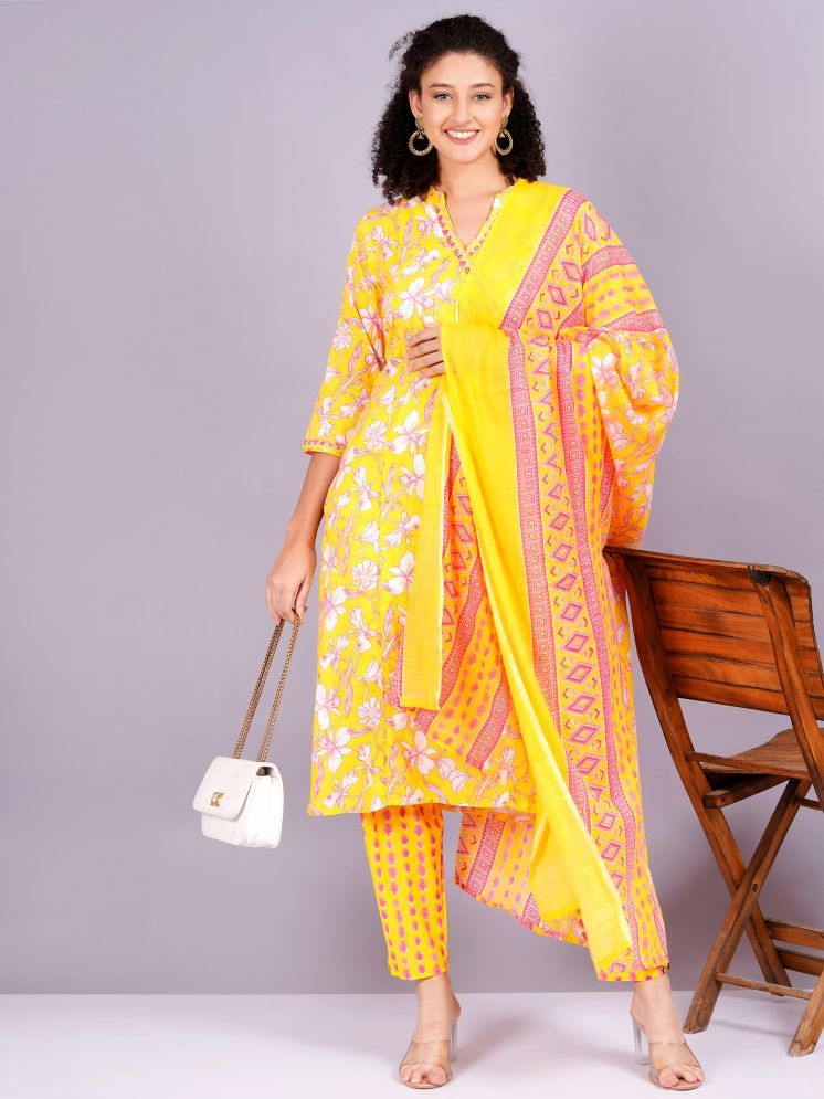     			Jyoti Cotton Blend Printed Kurti With Pants Women's Stitched Salwar Suit - Yellow ( Pack of 1 )