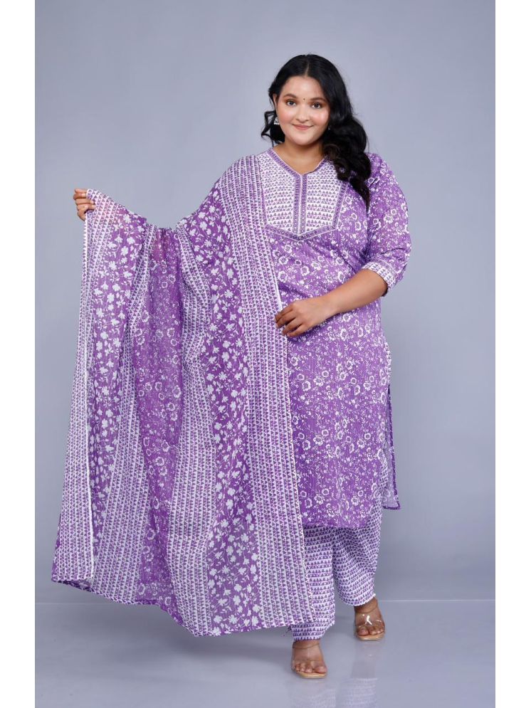     			Jyoti Cotton Blend Printed Kurti With Pants Women's Stitched Salwar Suit - Purple ( Pack of 1 )