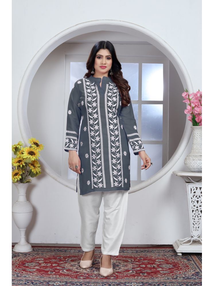     			Lady Shopi Rayon Embroidered Straight Women's Kurti - Grey ( Pack of 1 )