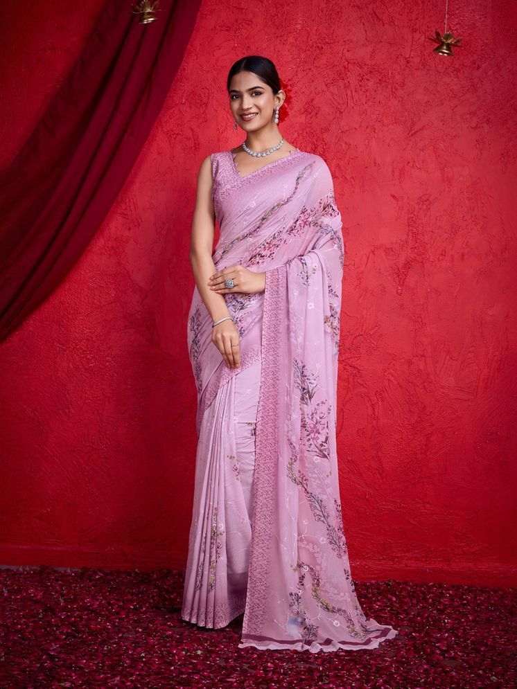     			Rekha Maniyar Chiffon Printed Saree With Blouse Piece - Pink ( Pack of 1 )