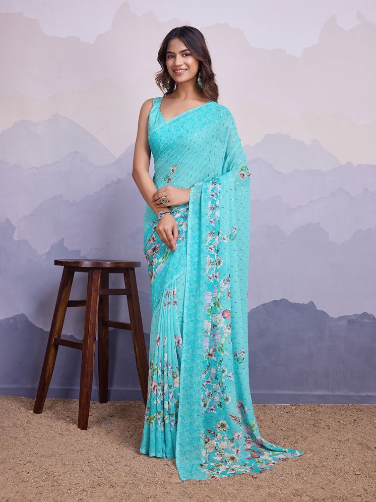     			Rekha Maniyar Chiffon Printed Saree With Blouse Piece - Turquoise ( Pack of 1 )