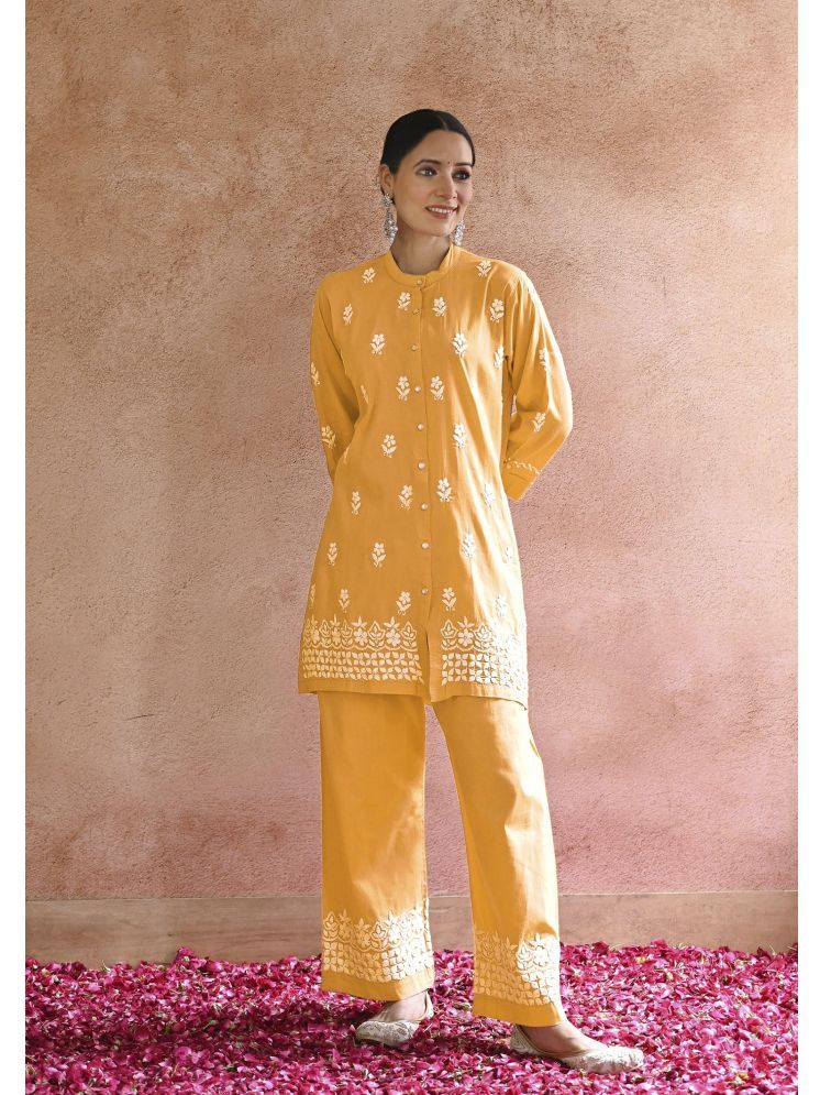     			A TO Z CART Rayon Embroidered Kurti With Palazzo Women's Stitched Salwar Suit - Yellow ( Pack of 1 )