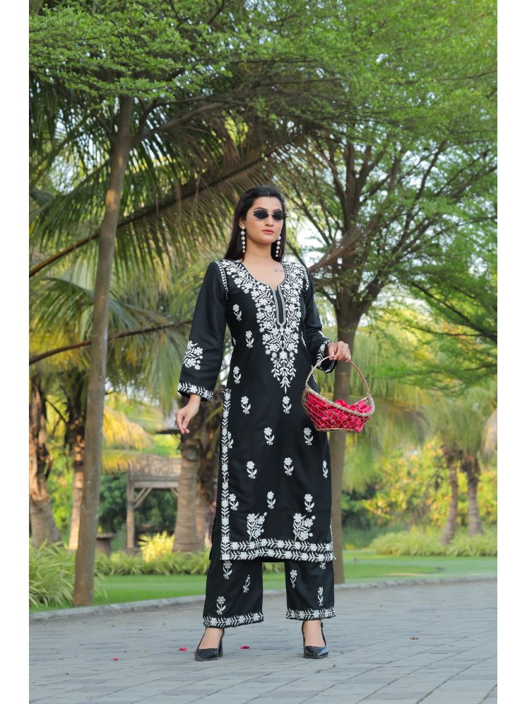     			A TO Z CART Rayon Embroidered Kurti With Palazzo Women's Stitched Salwar Suit - Black ( Pack of 1 )