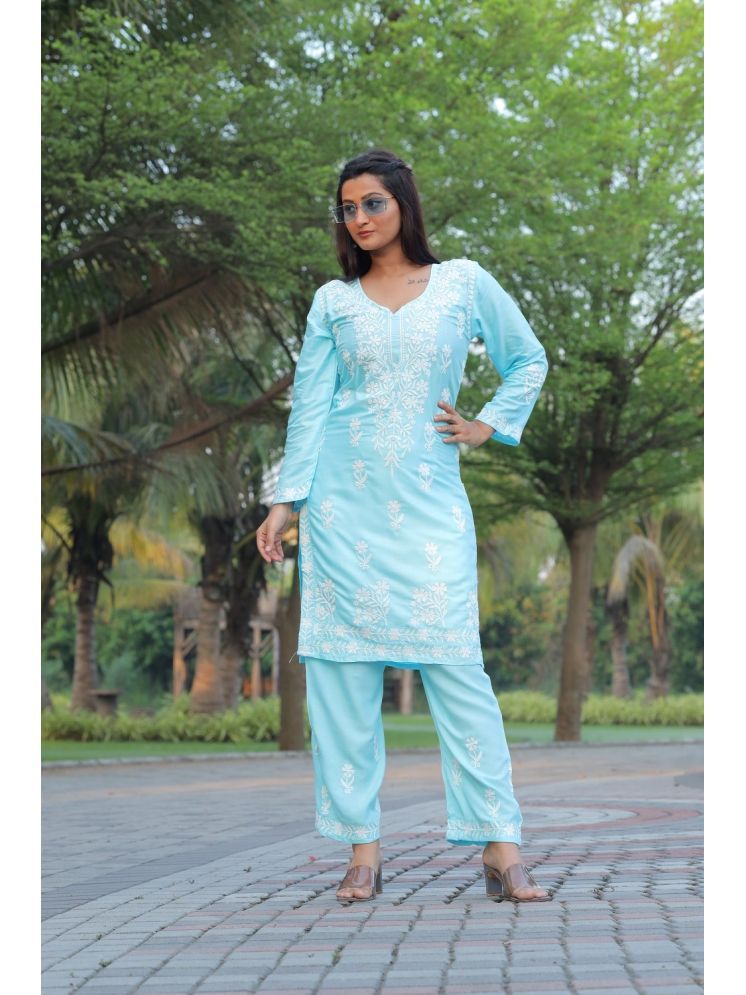     			A TO Z CART Rayon Embroidered Kurti With Palazzo Women's Stitched Salwar Suit - Turquoise ( Pack of 1 )