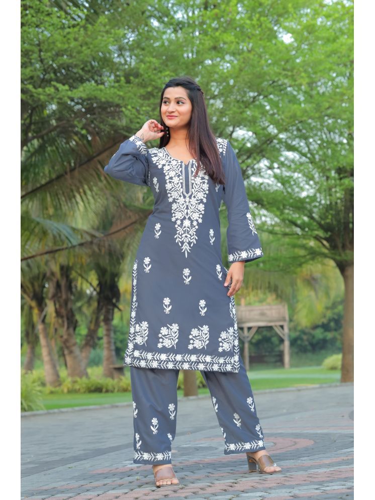     			A TO Z CART Rayon Embroidered Kurti With Palazzo Women's Stitched Salwar Suit - Grey ( Pack of 1 )