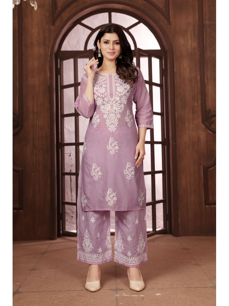     			Aika Cotton Embroidered Kurti With Palazzo Women's Stitched Salwar Suit - Rose Gold ( Pack of 1 )