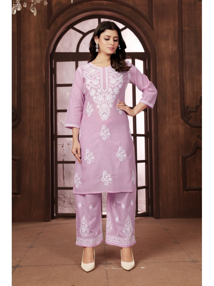     			Aika Cotton Embroidered Kurti With Palazzo Women's Stitched Salwar Suit - Pink ( Pack of 1 )