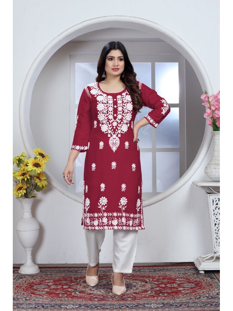     			Aika Rayon Embroidered Kurti With Palazzo Women's Stitched Salwar Suit - Maroon ( Pack of 1 )