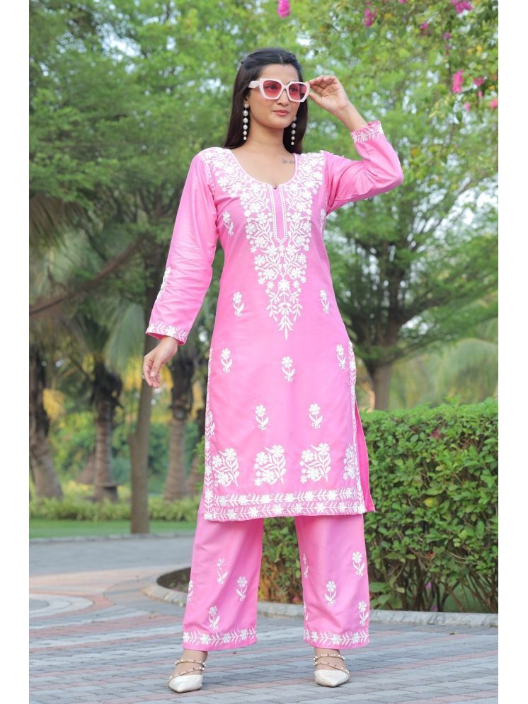     			Lady Shopi Rayon Embroidered Kurti With Palazzo Women's Stitched Salwar Suit - Pink ( Pack of 1 )