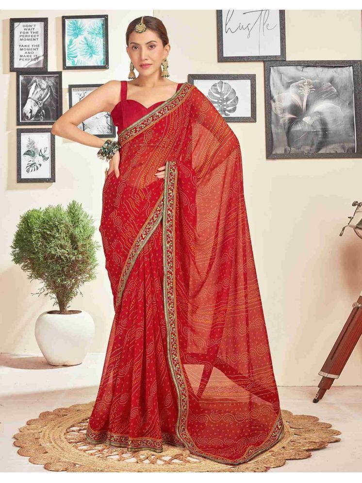     			Nandini Creation Chiffon Printed Saree With Blouse Piece - Red ( Pack of 1 )