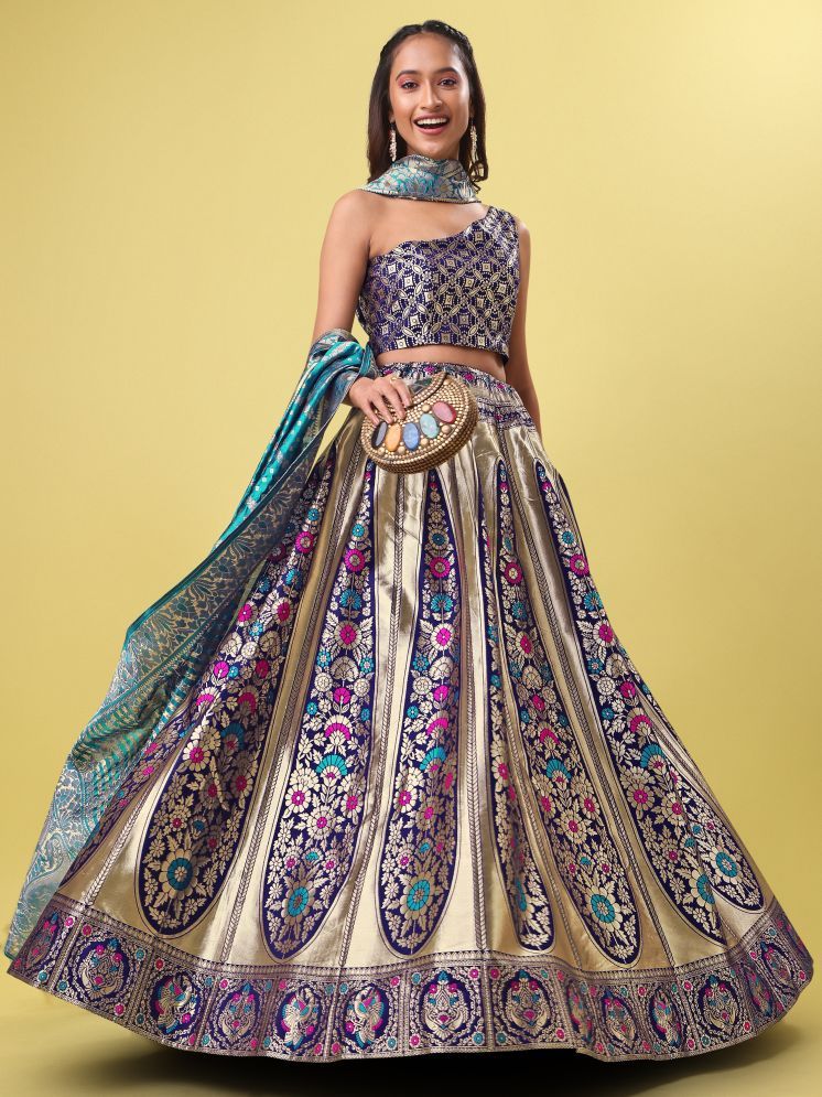     			PURVAJA Blue Jacquard Circular Semi Stitched Lehenga Single