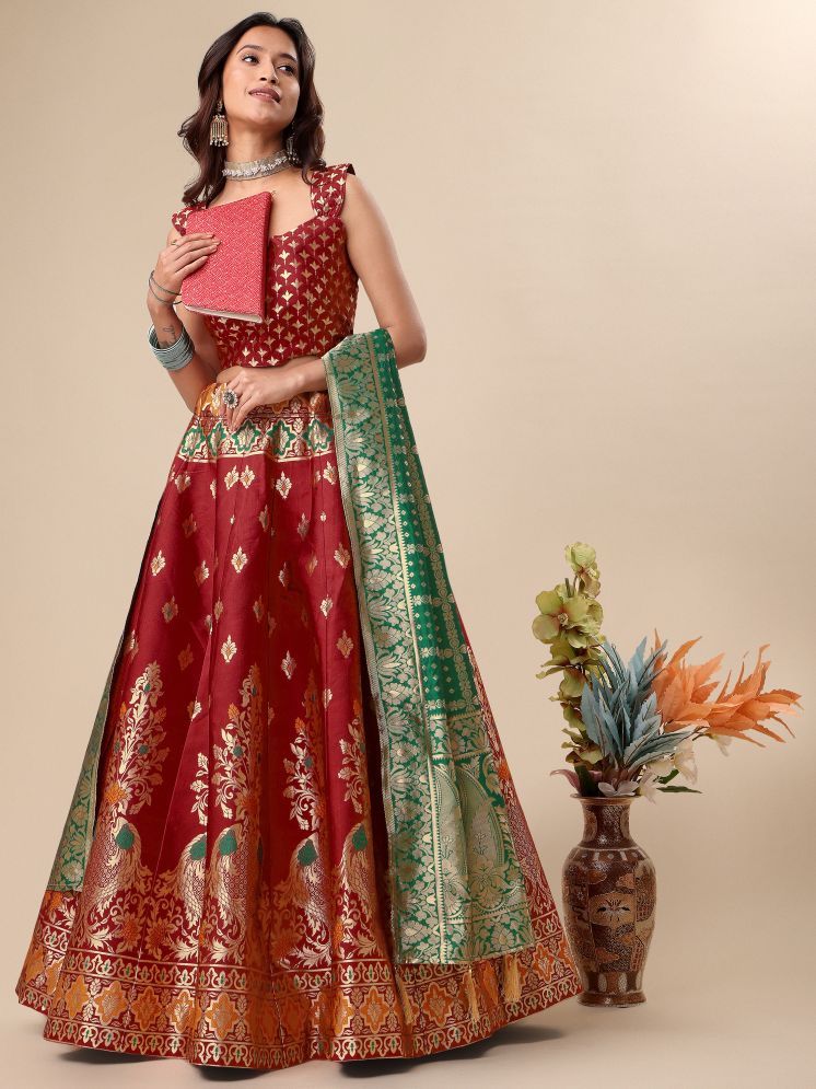     			PURVAJA Red Jacquard Circular Semi Stitched Lehenga Single