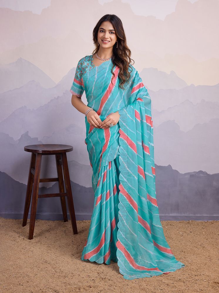     			Rekha Maniyar Chiffon Printed Saree With Blouse Piece - Turquoise ( Pack of 1 )