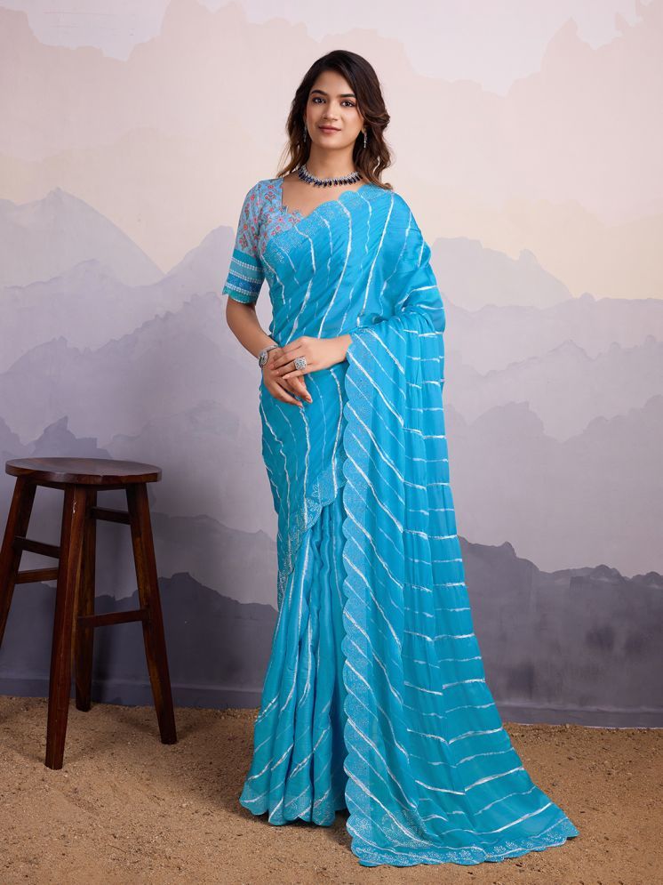     			Rekha Maniyar Chiffon Printed Saree With Blouse Piece - Teal ( Pack of 1 )