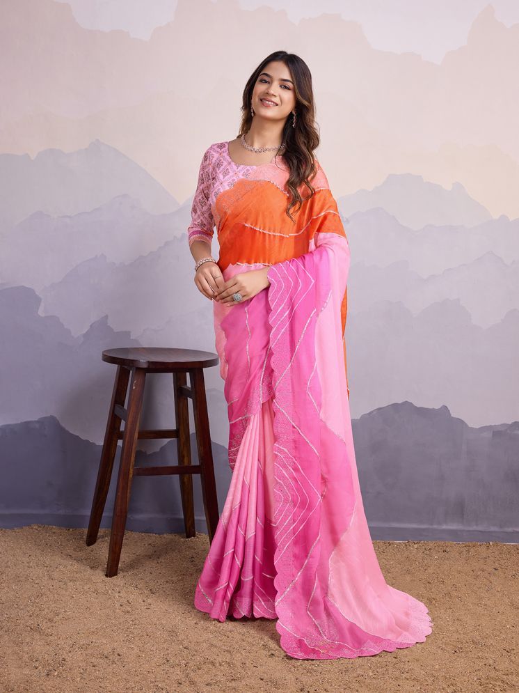     			Rekha Maniyar Chiffon Printed Saree With Blouse Piece - Pink ( Pack of 1 )