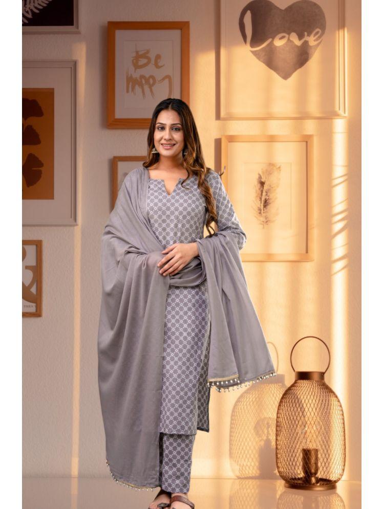     			Shivaradhya designers Cotton Printed Kurti With Pants Women's Stitched Salwar Suit - Grey ( Pack of 1 )