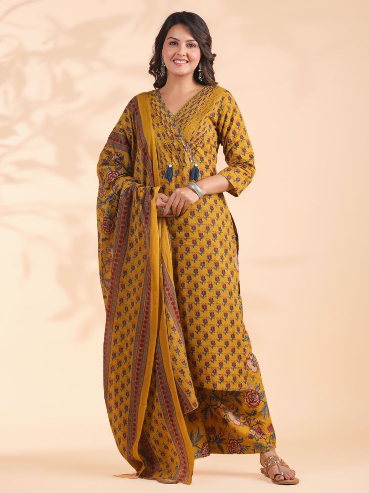     			Vbuyz Cotton Printed Kurti With Palazzo Women's Stitched Salwar Suit - Mustard ( Pack of 1 )