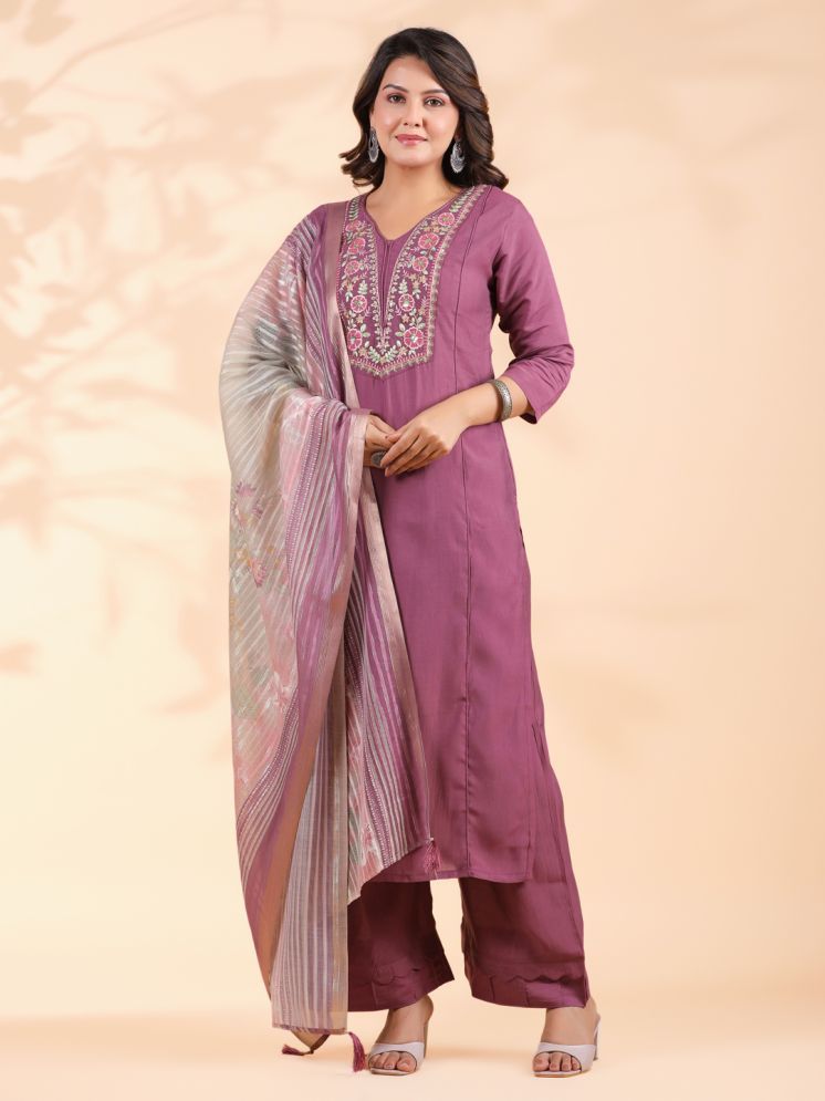     			Vbuyz Silk Blend Embroidered Kurti With Palazzo Women's Stitched Salwar Suit - Lavender ( Pack of 1 )