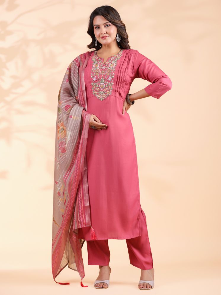     			Vbuyz Silk Blend Embroidered Kurti With Pants Women's Stitched Salwar Suit - Pink ( Pack of 1 )