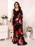 BLEESBURY Chiffon Printed Saree With Blouse Piece - Black ( Pack of 1 )