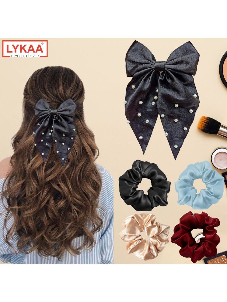     			Lykaa Large Satin Hair Scrunchies with Pearls Long-tail Hair Bows Accessories - 3Pcs Multicolor