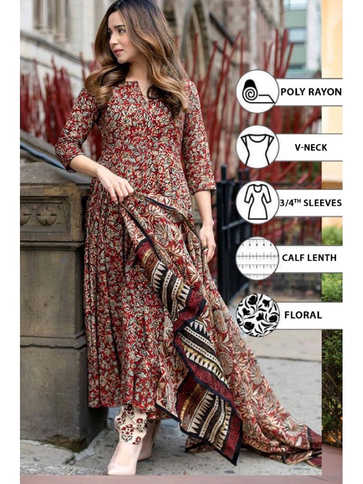     			THE FAB FACTORY Viscose Printed Kurti With Pants Women's Stitched Salwar Suit - Maroon ( Pack of 1 )