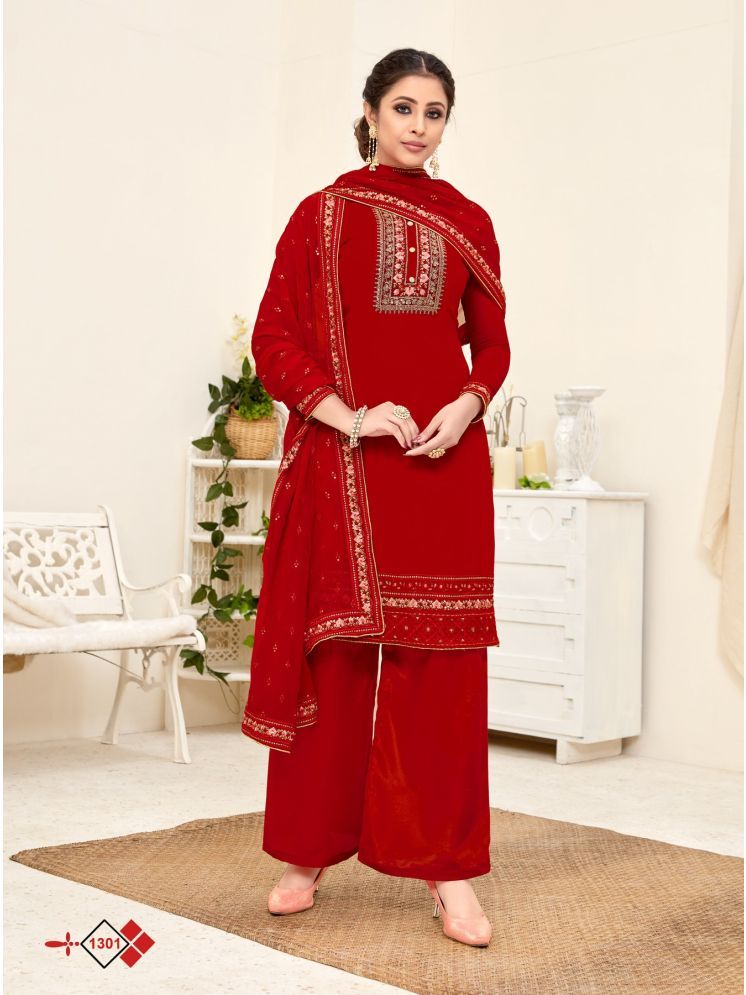     			Varni Fabrics Unstitched Georgette Embroidered Dress Material - Red ( Pack of 1 )