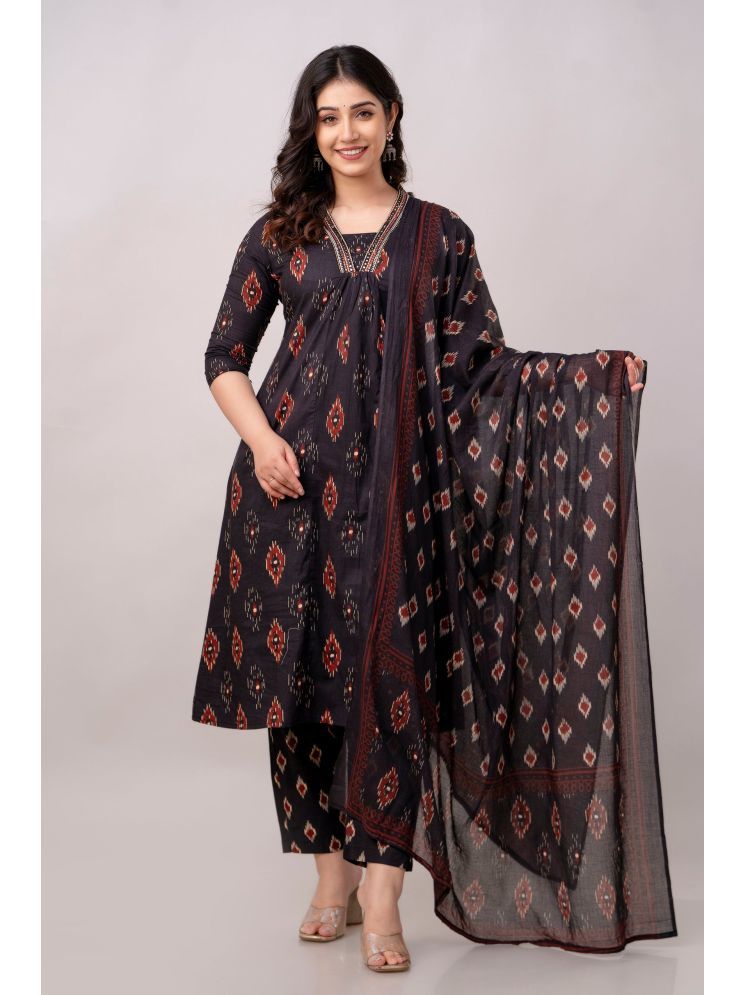     			Vividvibe Cotton Blend Printed Kurti With Pants Women's Stitched Salwar Suit - Black ( Pack of 1 )