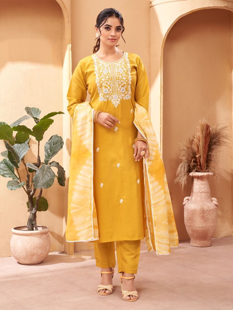     			Vividvibe Cotton Embroidered Kurti With Pants Women's Stitched Salwar Suit - Yellow ( Pack of 1 )