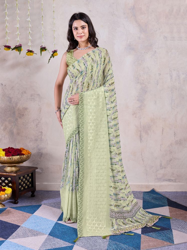     			Rekha Maniyar Chiffon Printed Saree With Blouse Piece - Sea Green ( Pack of 1 )