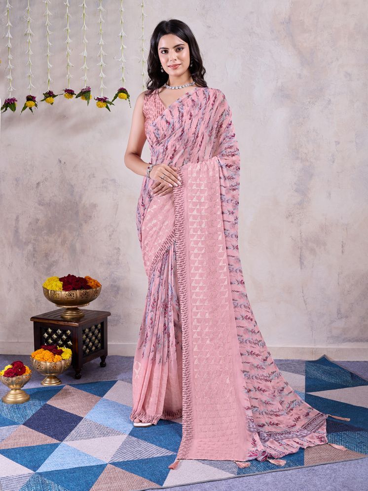     			Rekha Maniyar Chiffon Printed Saree With Blouse Piece - Fluorescent Pink ( Pack of 1 )