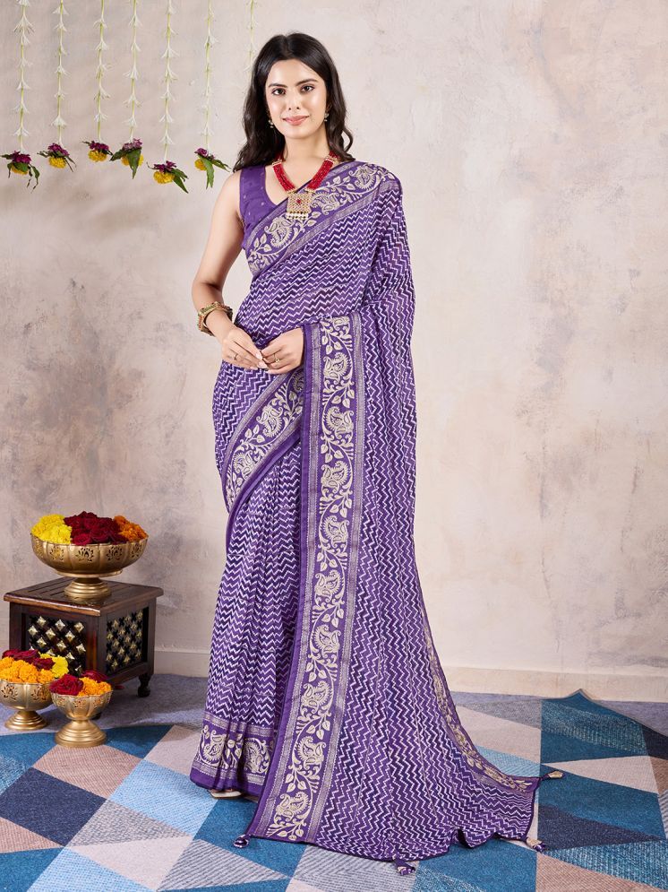     			Rekha Maniyar Georgette Printed Saree With Blouse Piece - Purple ( Pack of 1 )