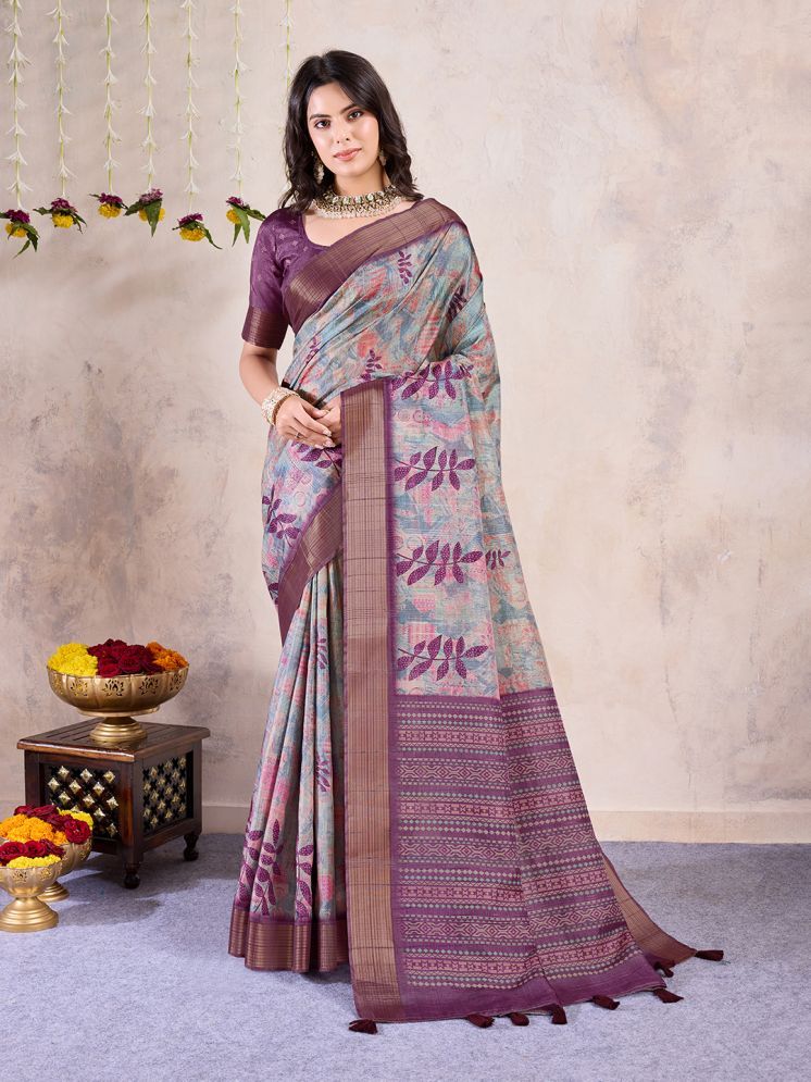     			Rekha Maniyar Silk Printed Saree With Blouse Piece - Purple ( Pack of 1 )