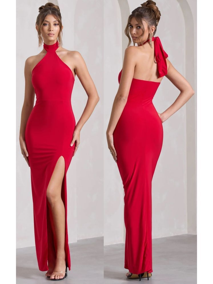     			Traquila Lycra Solid Full Length Women's Side Slit Dress - Red ( Pack of 1 )