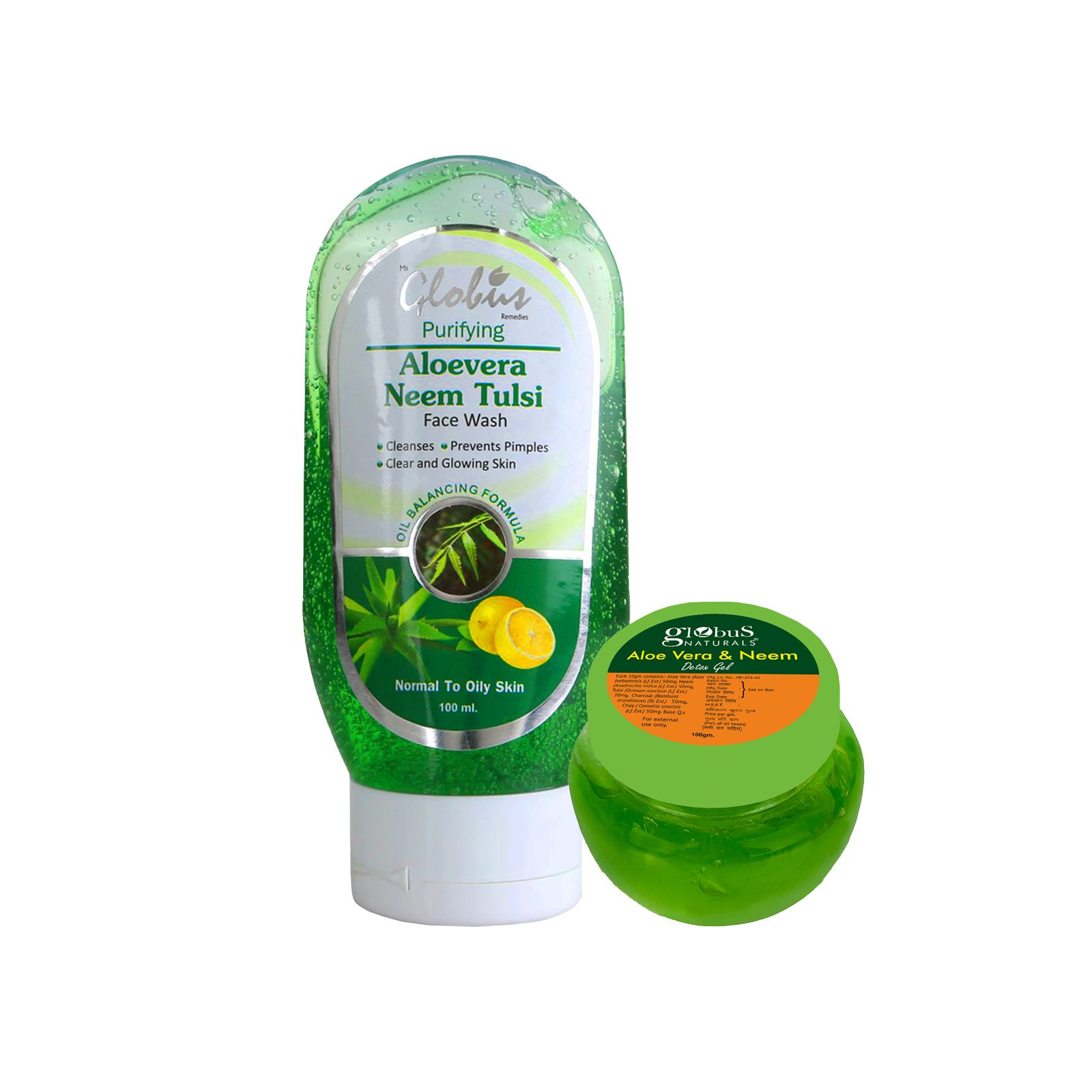     			Globus Remedies Aloevera Neem Tulsi Face Wash & Aloevera Neem Face Gel, All Skin Type, 100gm Each.