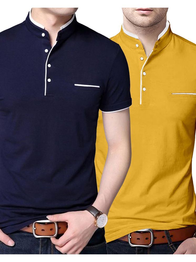     			AUSK Cotton Blend Regular Fit Solid Half Sleeves Men's Mandarin Collar T-Shirt - Yellow ( Pack of 2 )