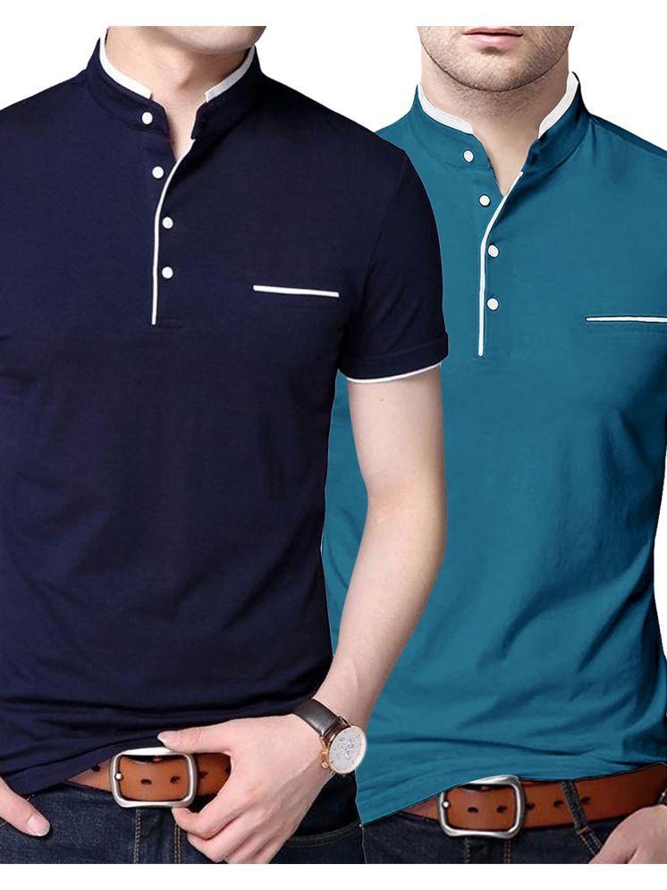     			AUSK Cotton Blend Regular Fit Solid Half Sleeves Men's Mandarin Collar T-Shirt - Teal Blue ( Pack of 2 )