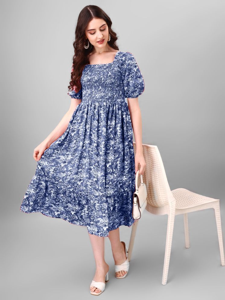     			JASH CREATION Polyester Printed Midi Women's Fit & Flare Dress - Blue ( Pack of 1 )