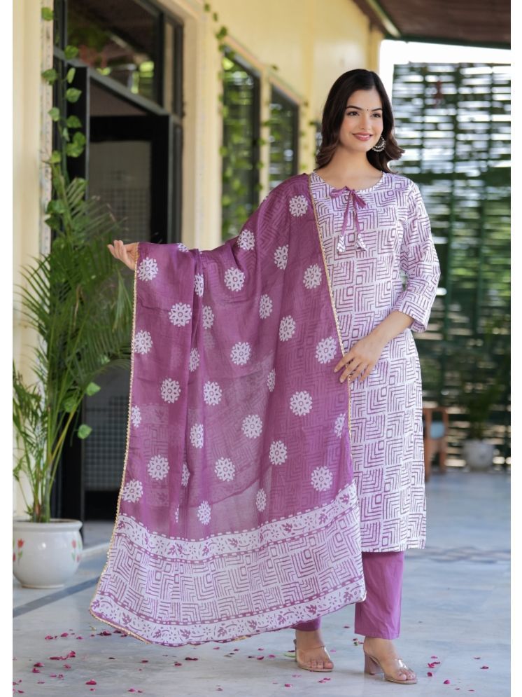     			Tabahi Cotton Blend Printed Kurti With Pants Women's Stitched Salwar Suit - Purple ( Pack of 1 )