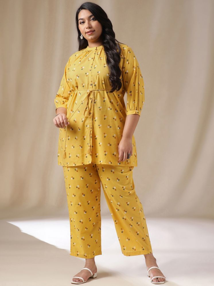     			Janasya Cotton Printed Ethnic Top With Pants Women's Stitched Salwar Suit - Mustard ( Pack of 1 )