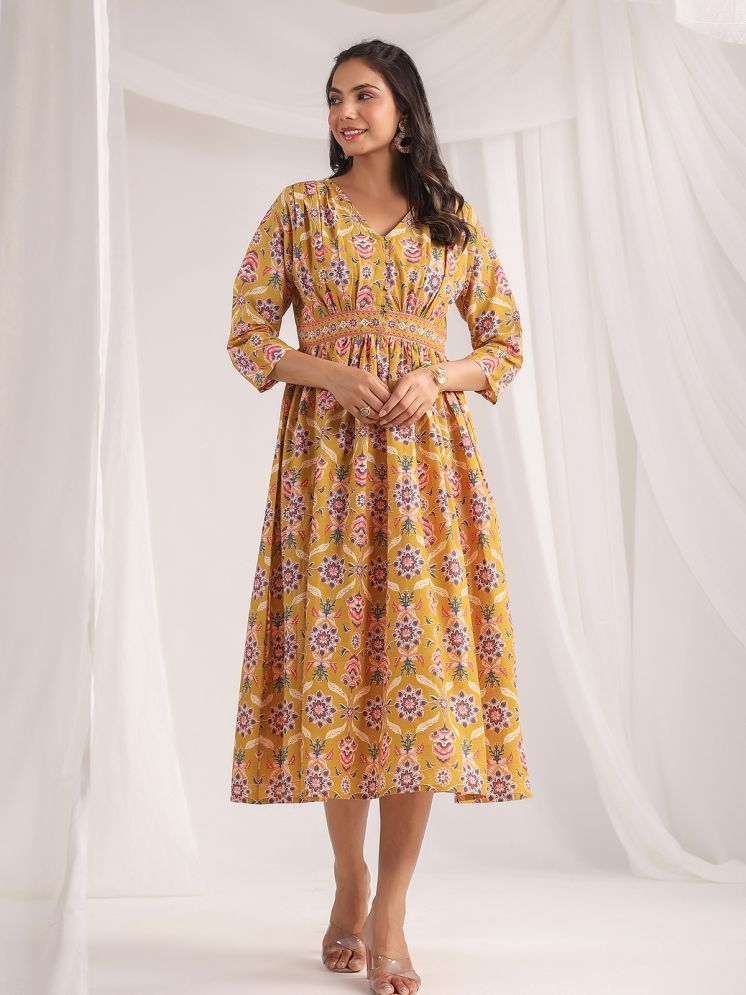     			Janasya Cotton Printed Midi Women's Fit & Flare Dress - Mustard ( Pack of 1 )