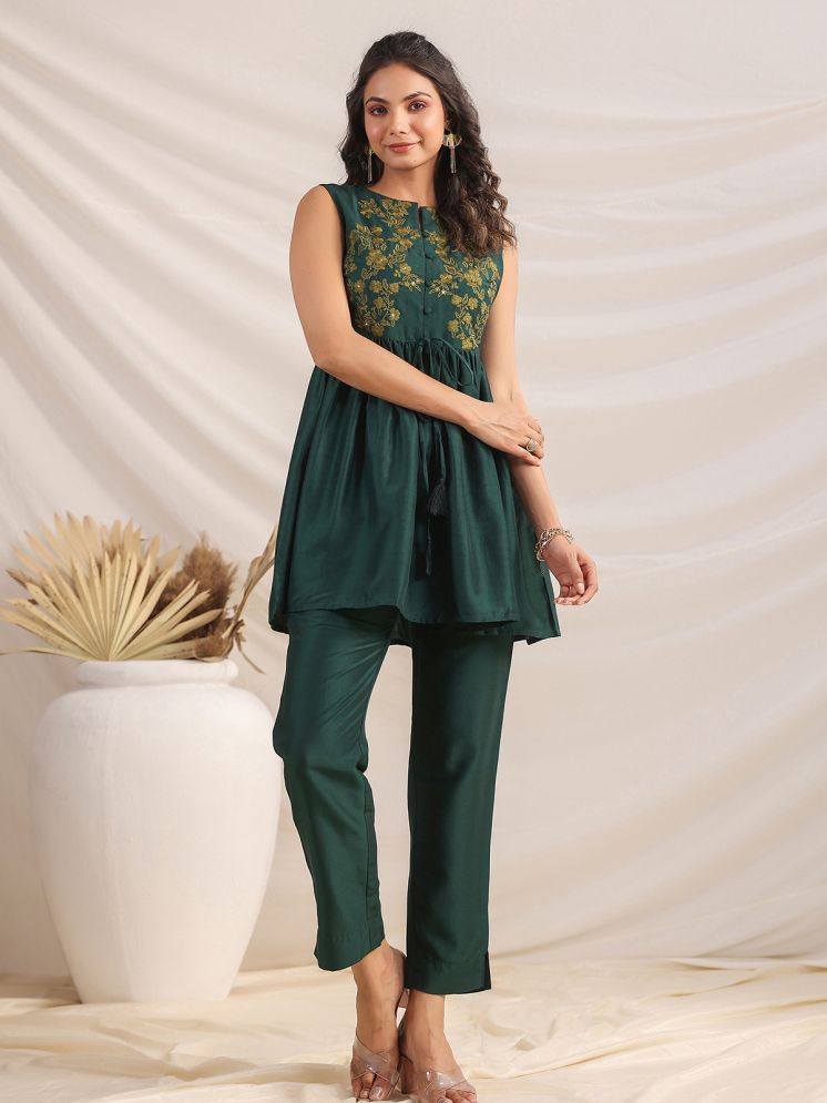     			Janasya Silk Blend Embroidered Ethnic Top With Pants Women's Stitched Salwar Suit - Green ( Pack of 1 )