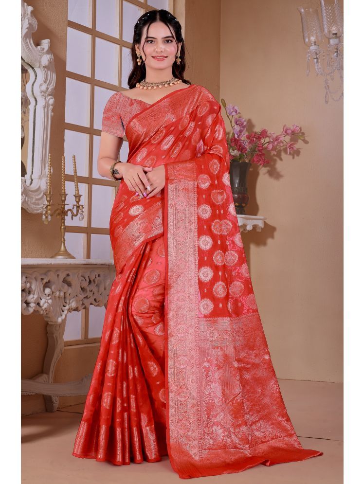     			Raj Vivah Jacquard Woven Saree With Blouse Piece - Red ( Pack of 1 )