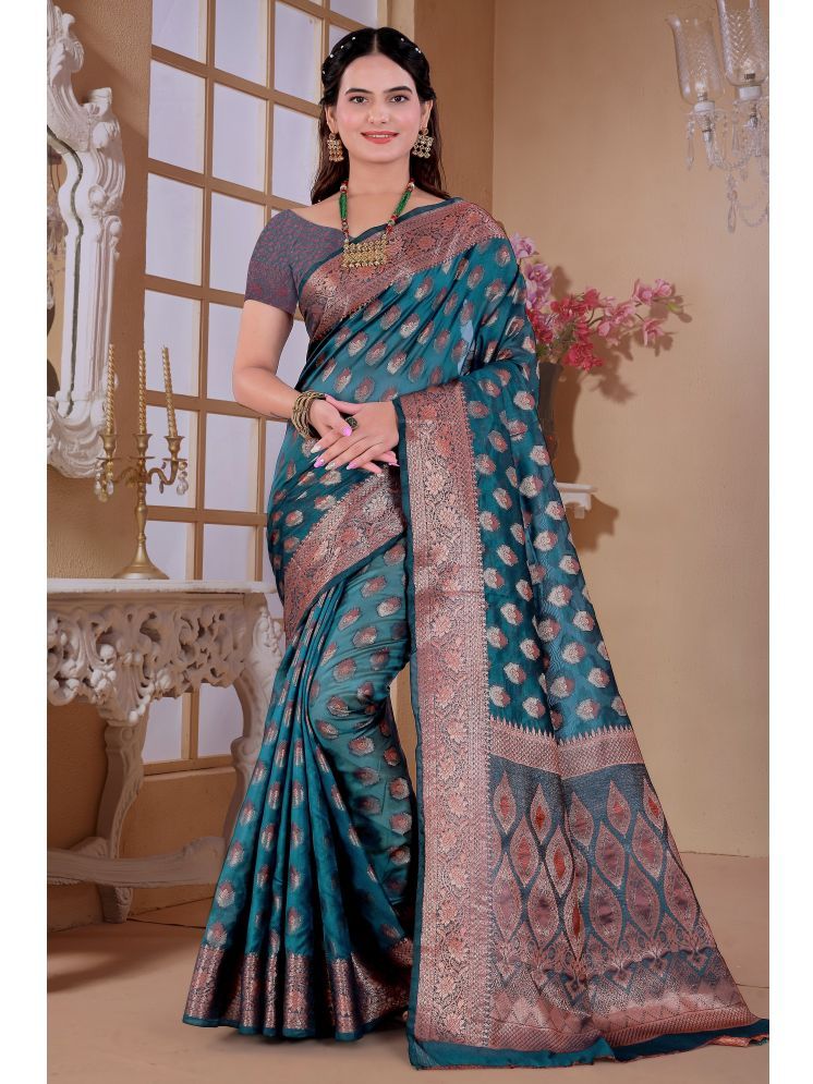     			Raj Vivah Jacquard Woven Saree With Blouse Piece - Navy Blue ( Pack of 1 )