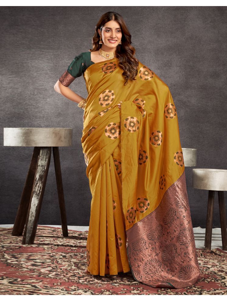     			Samah Silk Blend Self Design Saree With Blouse Piece - Mustard ( Pack of 1 )