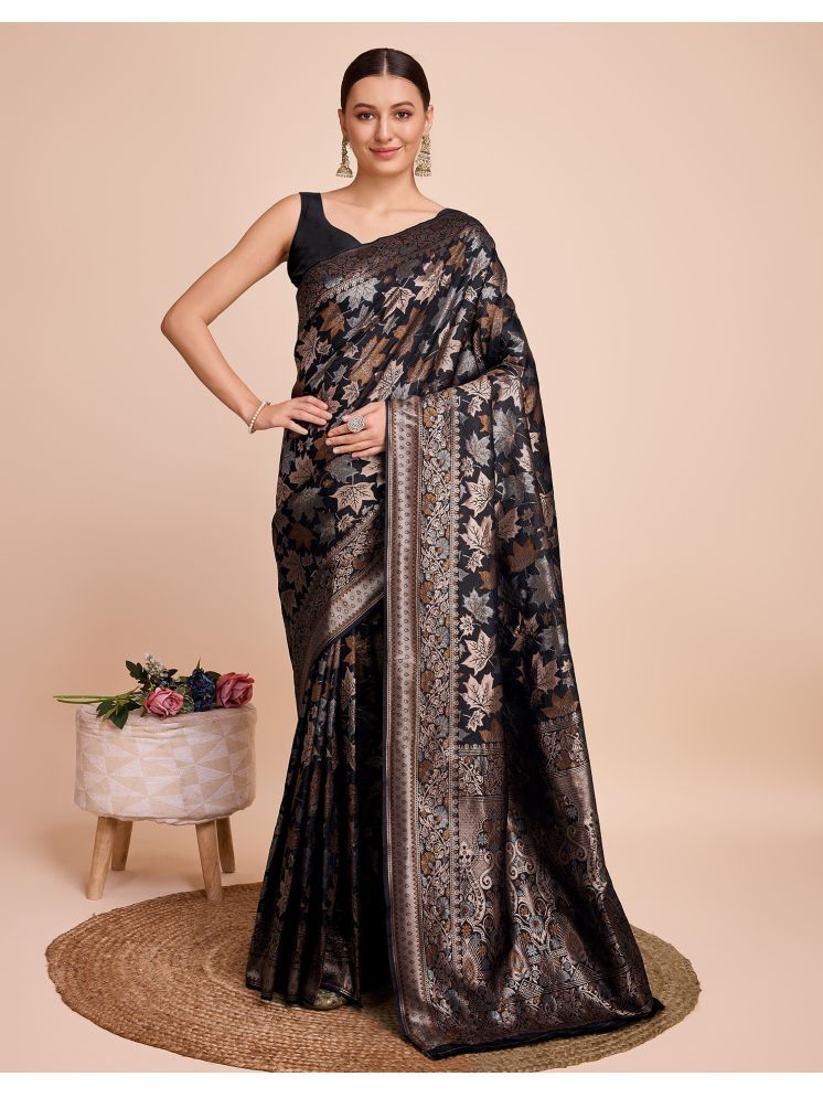     			Samah Silk Self Design Saree With Blouse Piece - Black ( Pack of 1 )