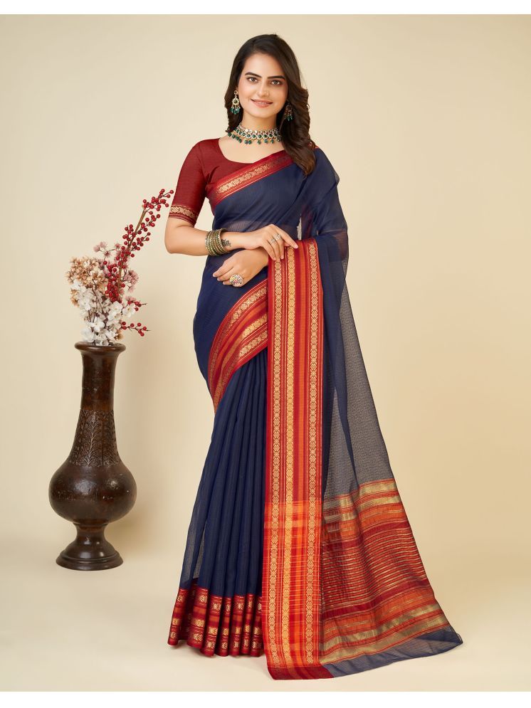     			Samah Silk Woven Saree With Blouse Piece - Navy Blue ( Pack of 1 )