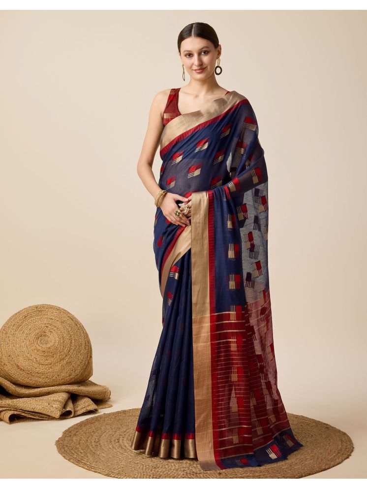     			Satrani Cotton Silk Solid Saree With Blouse Piece - Navy Blue ( Pack of 1 )