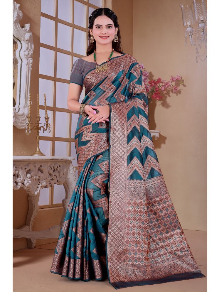     			Raj Vivah Jacquard Woven Saree With Blouse Piece - Navy Blue ( Pack of 1 )